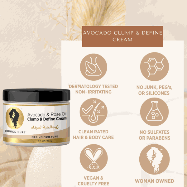 Bounce Curl Avocado & Rose Oil Clump and Define Cream jar with natural oils for soft, defined curls