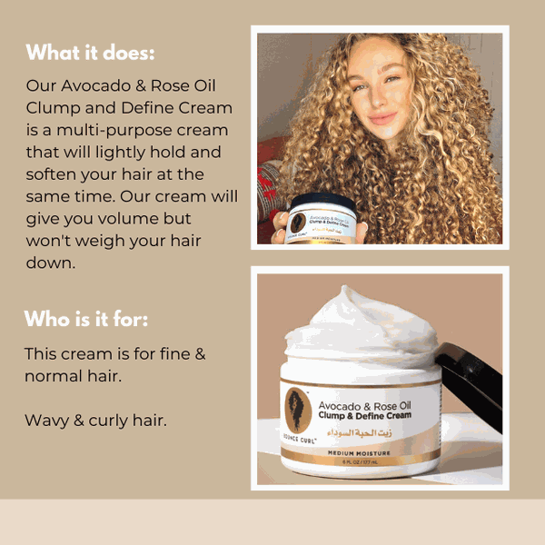 Bounce Curl Avocado and Rose Oil Clump and Define Cream jar with natural oils and plant-based ingredients for soft, defined curls