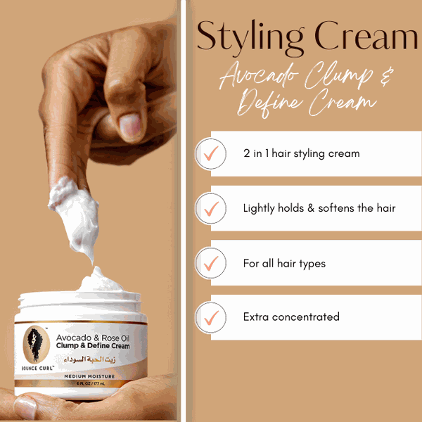 Bounce Curl Avocado & Rose Oil Clump and Define Cream jar with natural oils and vegan formula for soft, defined curls