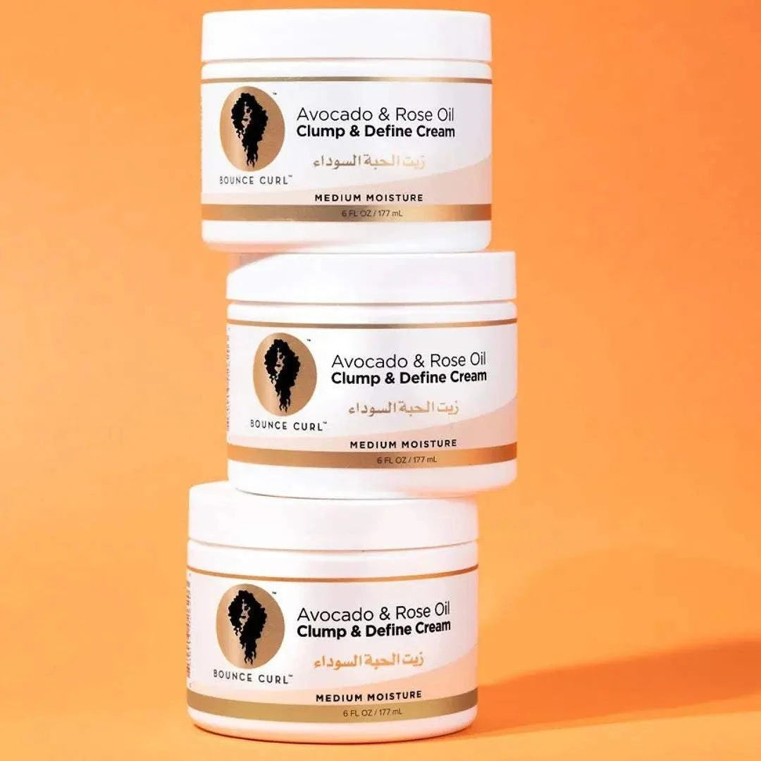 Bounce Curl Avocado & Rose Oil Clump and Define Cream jar for soft, defined curls with natural oils and vegan formula