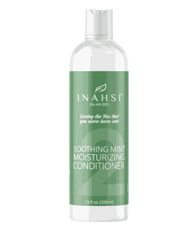 Inahsi Soothing Mint moisturizing conditioner bottle with creamy texture and peppermint oil ingredients