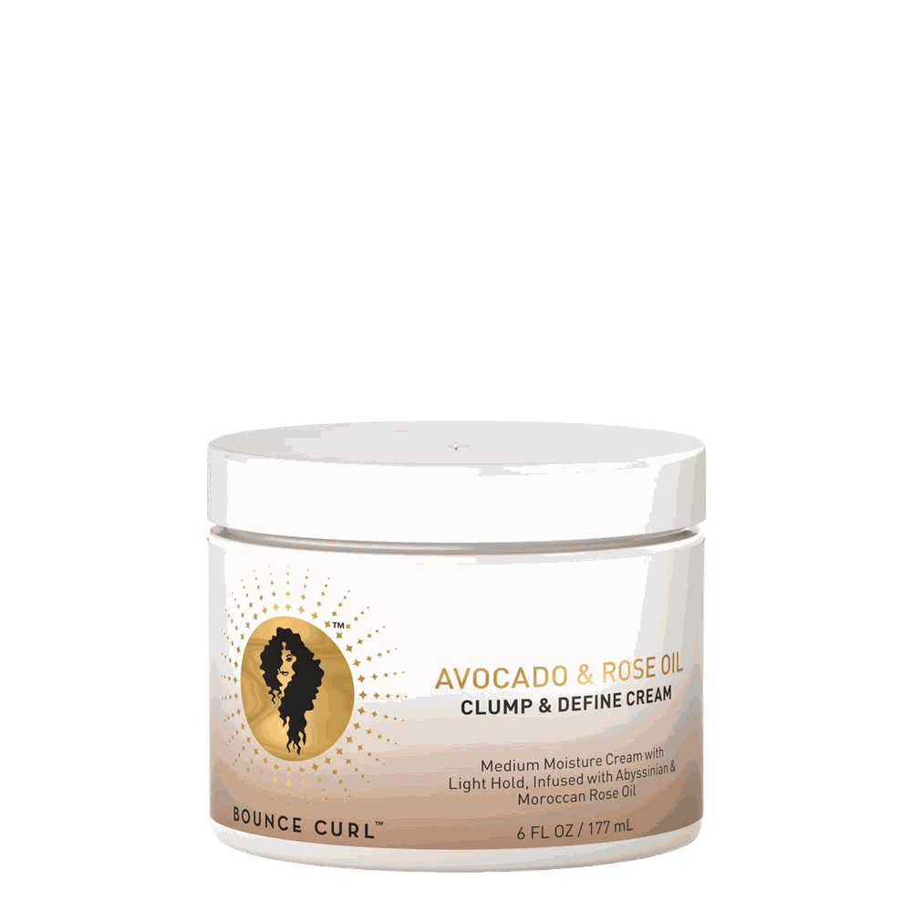 Bounce Curl Avocado & Rose Oil Clump and Define Cream jar with white and reddish swirl cream for curly hair styling