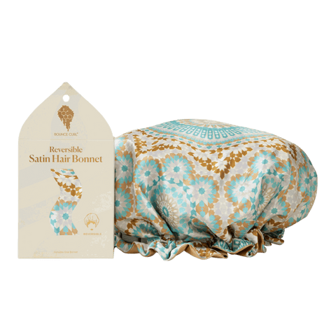 Bounce Curl reversible satin hair bonnet for smooth, frizz-free curls with adjustable fit