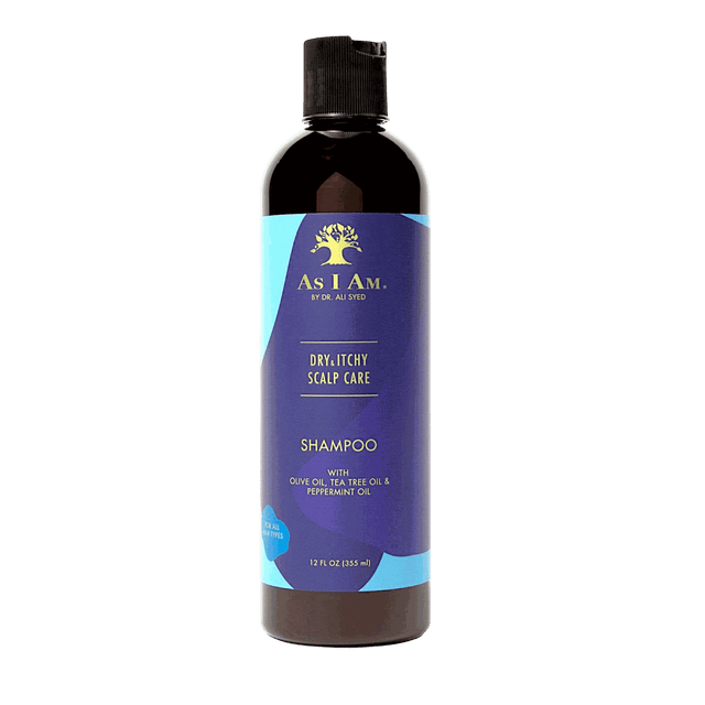 As I Am Dry & Itchy Scalp Care Shampoo 12oz bottle for treating dry, itchy scalp and dandruff
