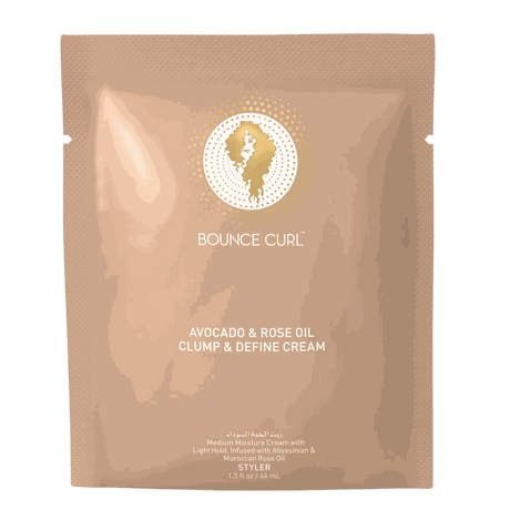 Bounce Curl Avocado Rose Oil Clump and Define Cream jar with thick white and reddish swirled texture for soft shiny curls