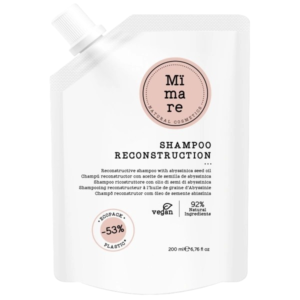 Mïmare Shampoo Reconstruction bottle highlighting nourishing, sulfate-free formula for damaged hair with eco-friendly packaging